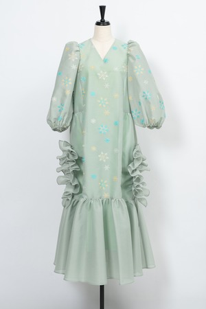 Snow Flake Embroidery Frill Dress GREEN
