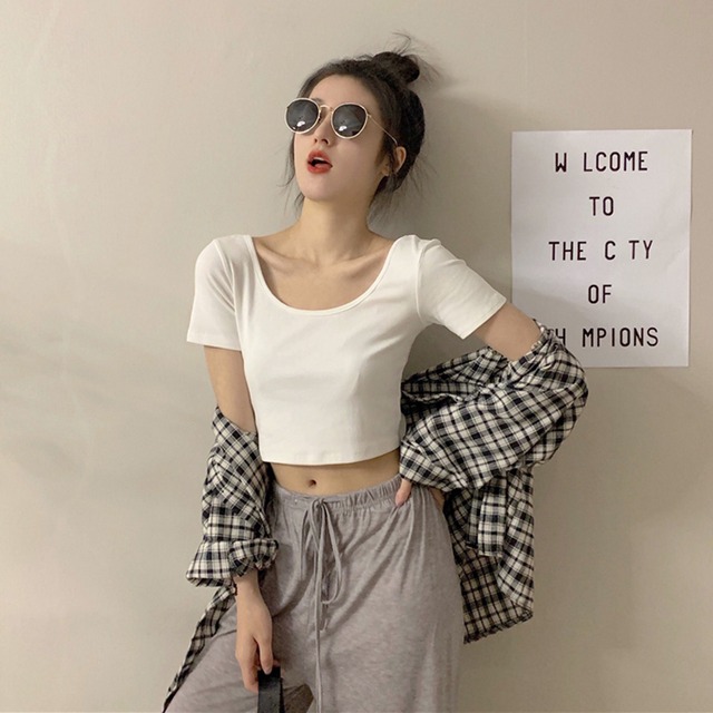 サマーショートソリッド カラーホワイトTシャツ 薄手トップス 夏物 ソリッドカラー 萌量不足14337722811