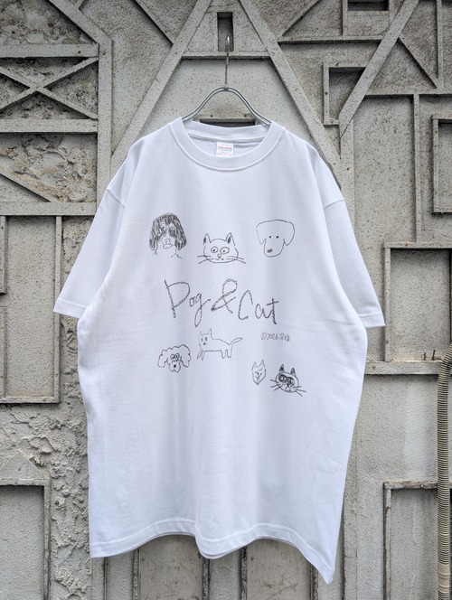 "深緑" original DOG & CAT HAND DRAWING print tee