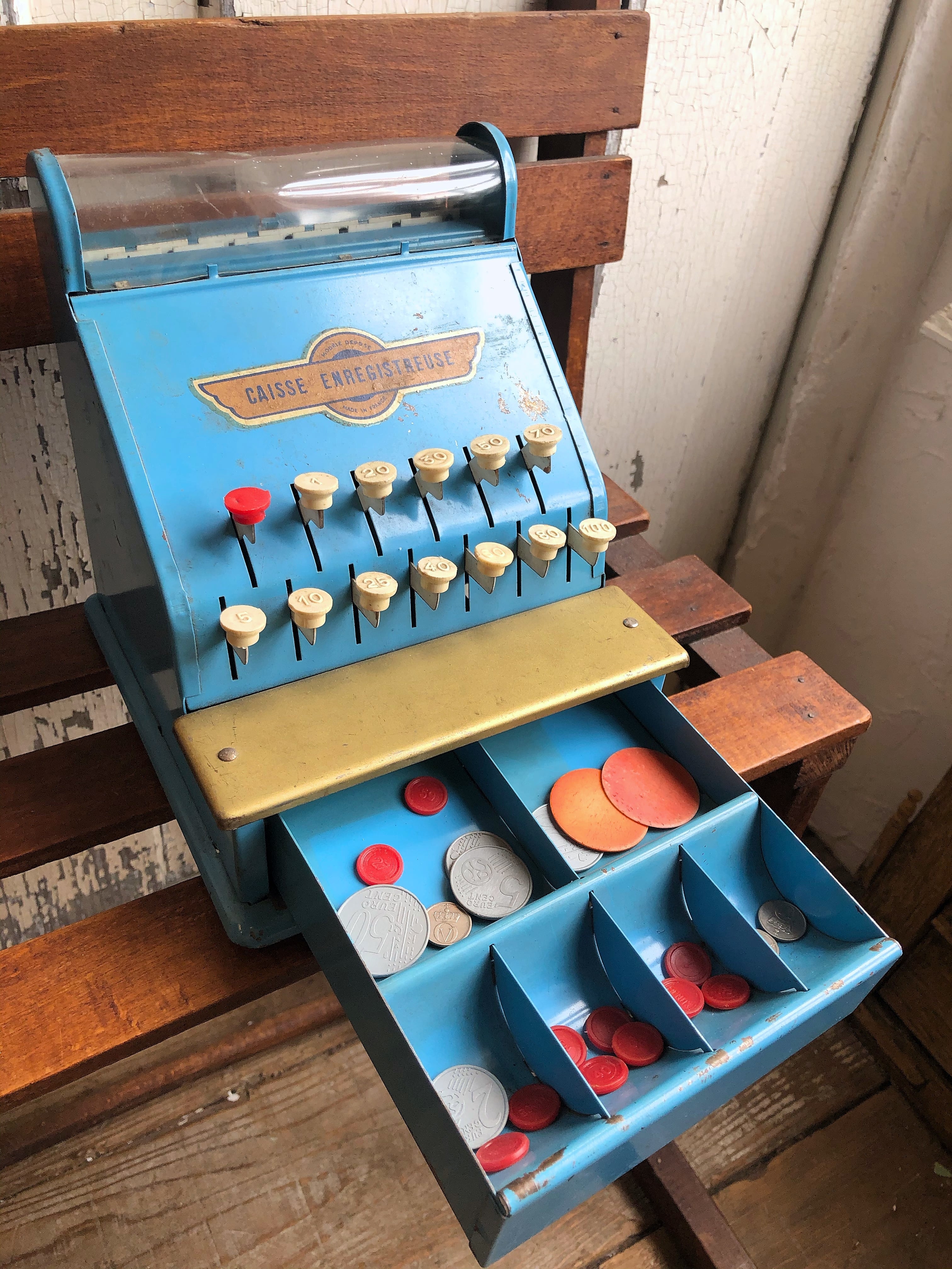 フランス レトロなブリキのおもちゃのレジスター水色 | Brocante de La