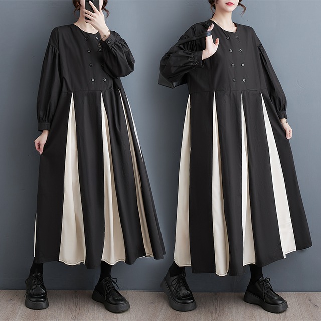 CONTRAST BOX PLEATS DOUBLE BREAST LONG A-LINE DRESS 1color M-8147