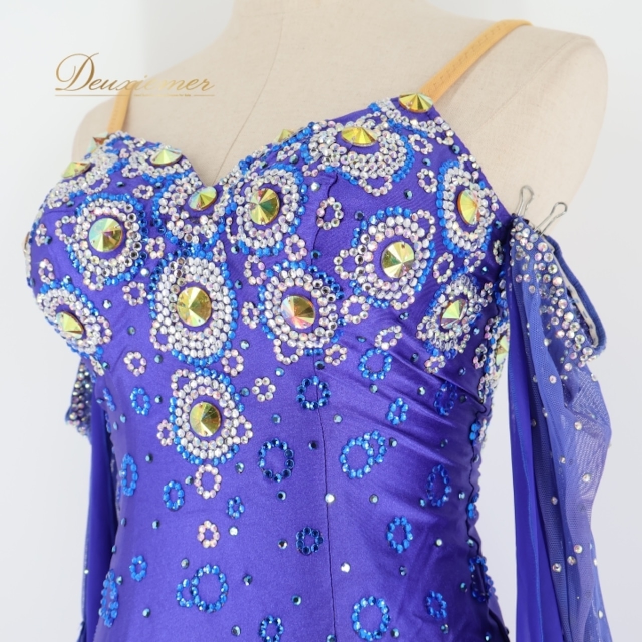 社交ダンス 衣装 スタンダードドレス ワンピース スタンダード 青 光沢 デモ 競技 ダンス 日本製 パーティ 発表会 フロート レース ブルー系 高級感 大人用 おしゃれ パーティードレス 競技会