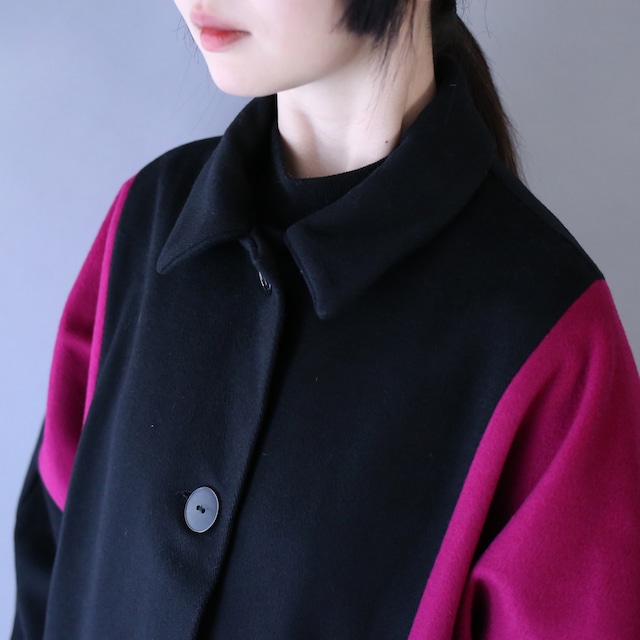 bi-color over silhouette dolman sleeve wool coat