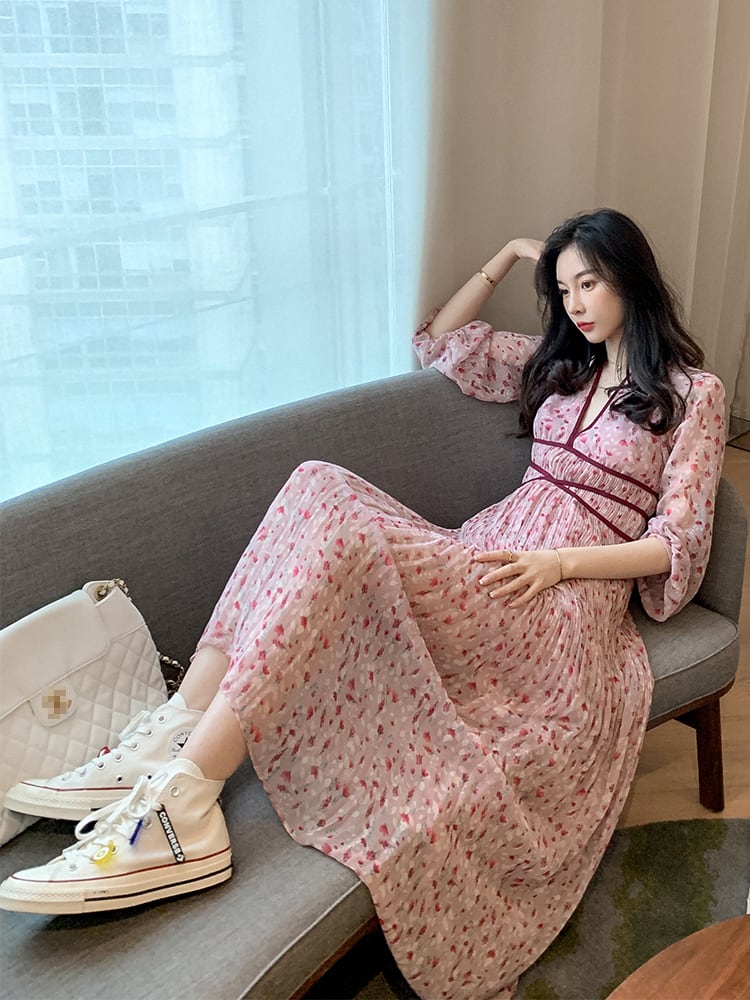秋 冬 レディース ワンピース ロングワンピース 花柄 Vネック 秋 冬 レディース ワンピース ロングワンピース 花柄 Vネック