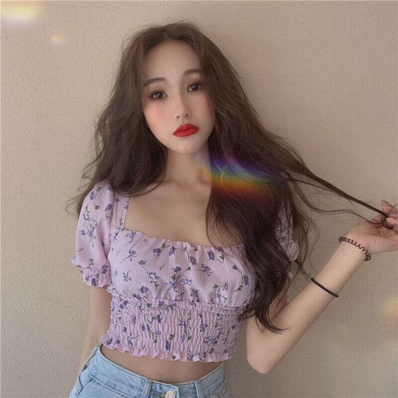 ショートTシャツ レディースサマースタンダードカラースリムフローラルブラウス レトロ 夏物 花柄 スクウェア ドラファッションホール66021535366