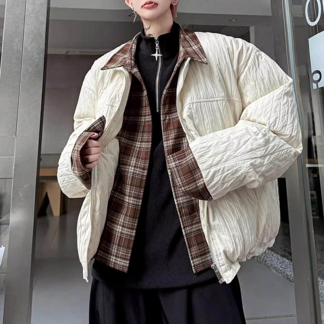 チェックシャツレイヤード風 リンクルテクスチャーブルゾン 2カラー D12129