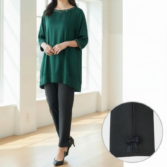 スーパービューティー パンツ サイドリボン ヘリンボーン 裏起毛 2524008 グレー 2025年秋冬 オーラボー Super Beauty 大人かわいい服 大人スタイル キレイメ レディース アパレル 女性 M L LL 30代 40代 50代 60代