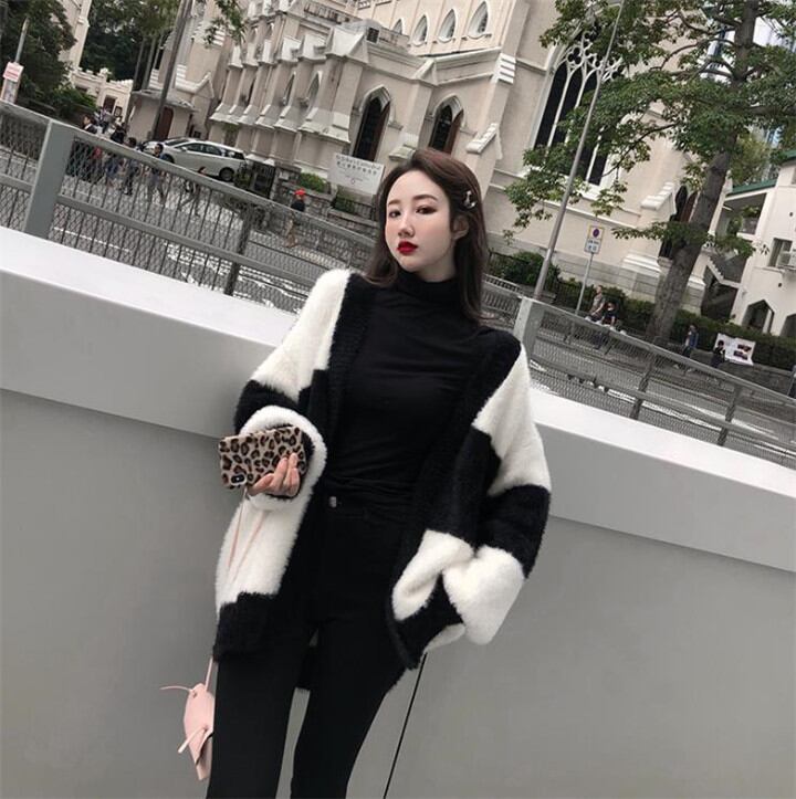 セーター カーディガン コート 暖かい 厚手 ランタンスリーブ ボーダー 冬 ゆったりする