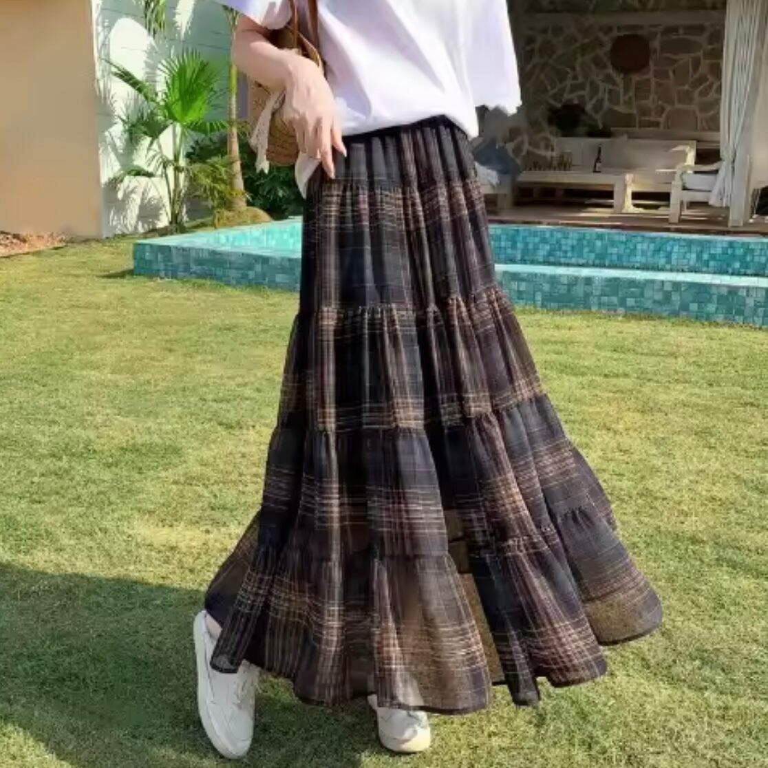 brown check chiffon skirt