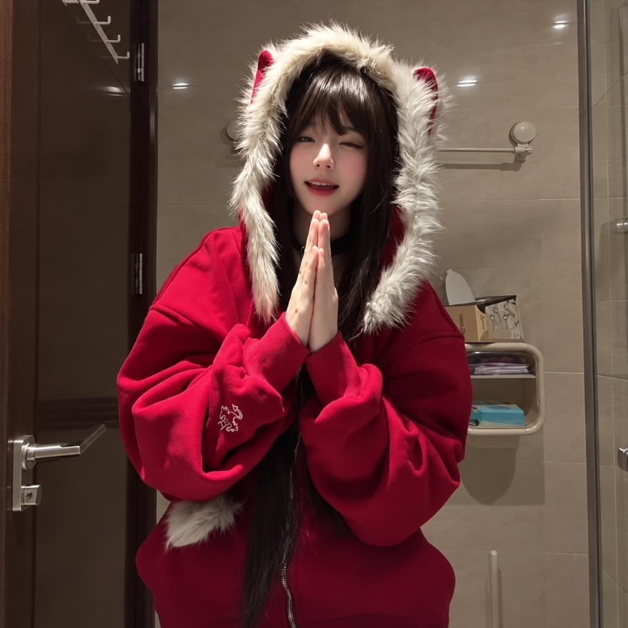 深紅に潜む小悪魔の気配 角付きファーフード×しっぽ装飾のサブカル地雷系ジップパーカー