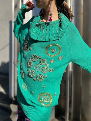 80s green × gold beads long knit sweater  ( ヴィンテージ グリーン × ゴールド ニットトップス )