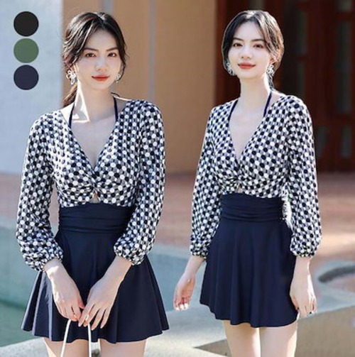 ワンピース水着 レディース オールインワン 可愛い 小胸 バスト 盛れる 体型カバー水着 韓国風 ミセス ママ水着 20代 30代 40代 オトナ女子 黒 女性 長袖水着 露出控えめ 背中見える セク