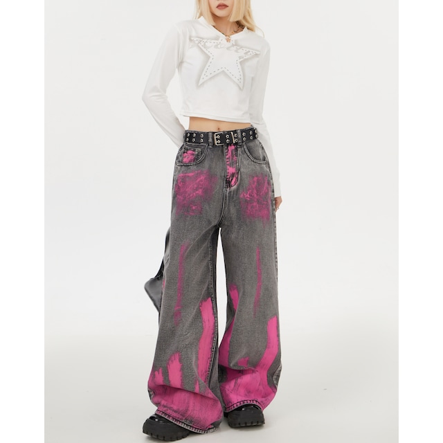 pink painted baggy denim　ピンクペイントバギーデニム　J0942