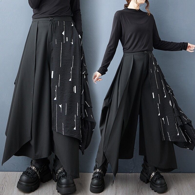 ASYMMETRIC LAYERED WIDE LEG SKIRT PANTS M-18873