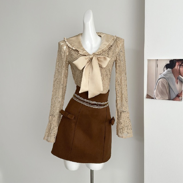 セットアップ トップス+スカート レース リボン スウィート 長袖 S M L