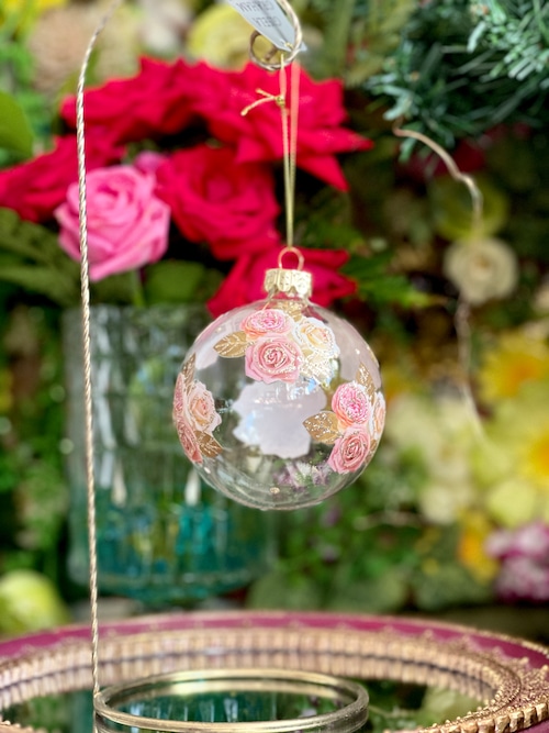 『GISELA GRAHAM』ピンクとゴールドのバラ絵柄 ガラスボール オーナメント  Glass Bauble with Pink Glitter roses　イギリス製の画像