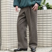 herringbone pattern tweed wool 2 tuck slacks