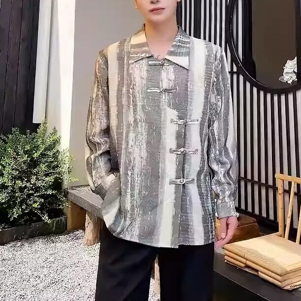 チャイナボタンデザイン柄シャツ 2color MTO0356