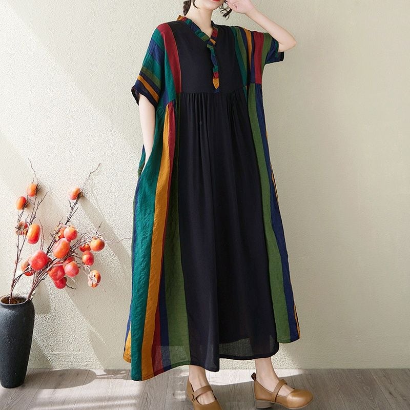 RUFFLED CONTRAST PRINT LOOSE SHORT SLEEVE DRESS M-17152