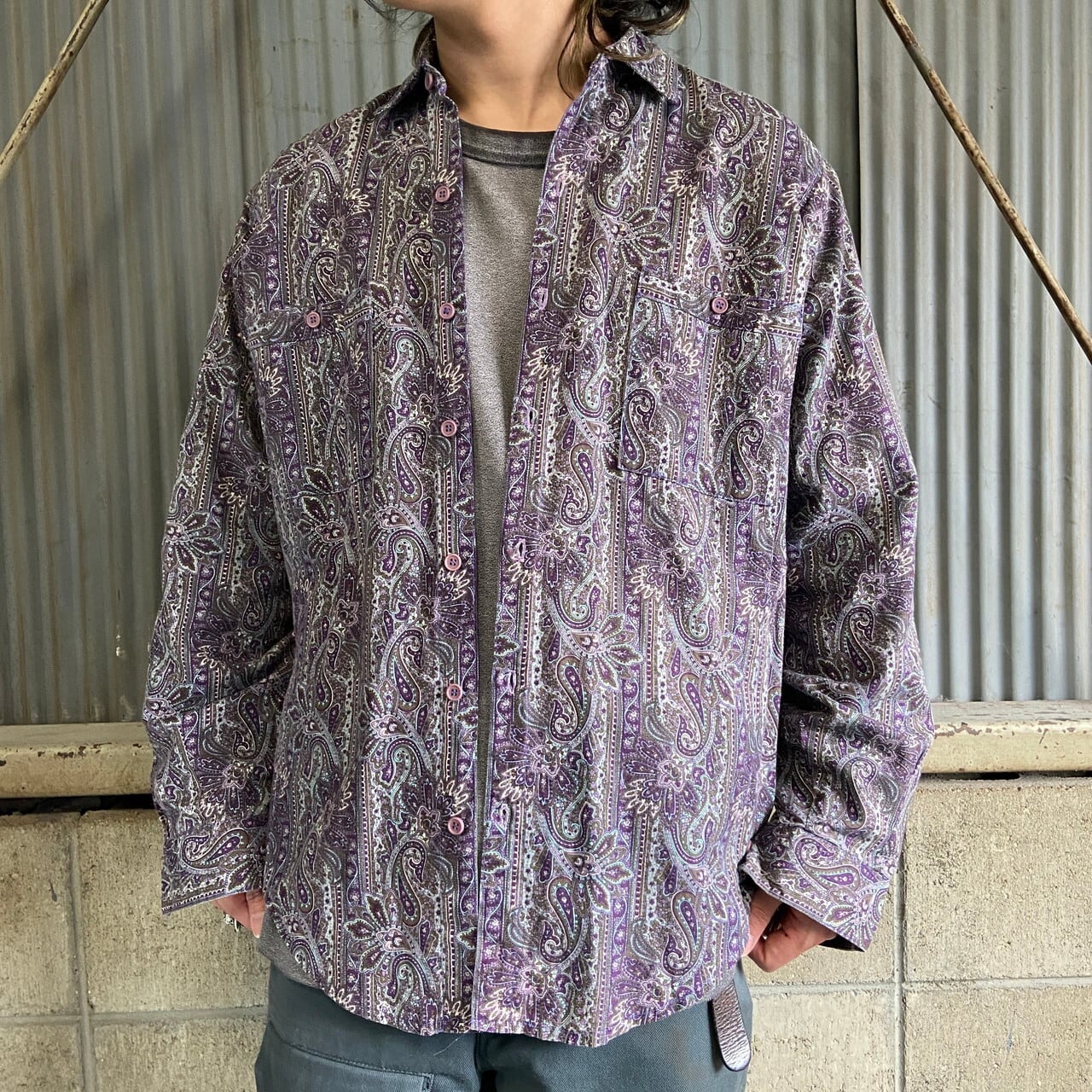 ペイズリー柄 長袖 総柄 ボタンダウンシャツ メンズM 古着 パープル 紫 