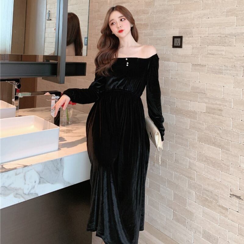 スタンダードドレス スプリングブラックベルベットスタイルロングスカート レトロ レース 春物 YY-ファッション424676941