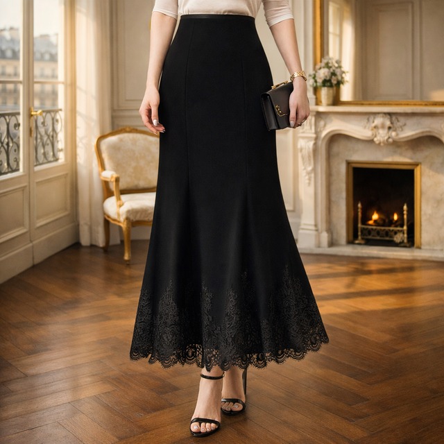 ブラック レース ロングスカート　G1224