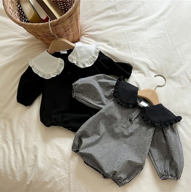 送料無料　2タイプ　ベビー　ビックカラーモノトーンロンパース　66cm～90cm　韓国子供服