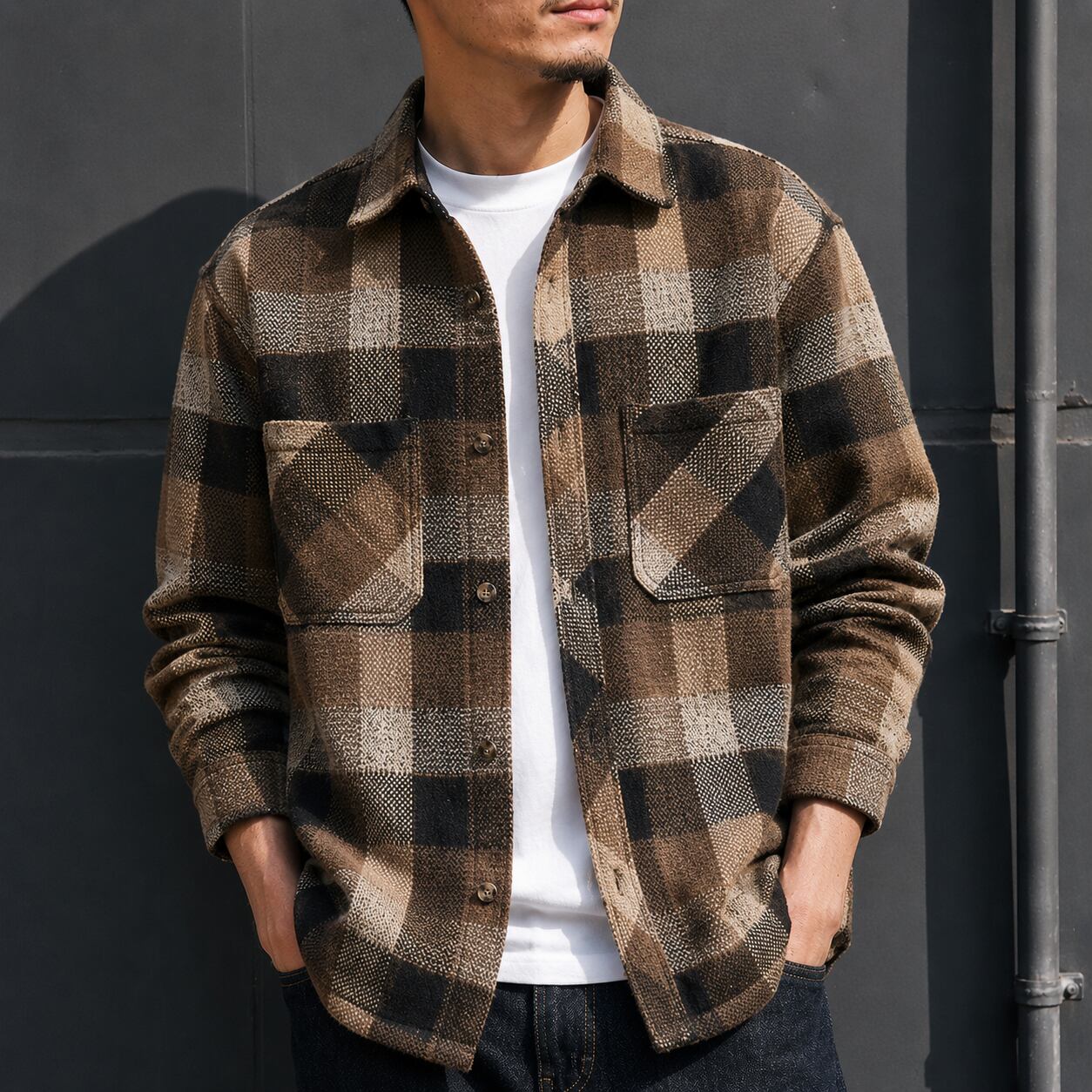 【H0474】Check Plaid Button-Down Long Sleeve Shirt / 2color