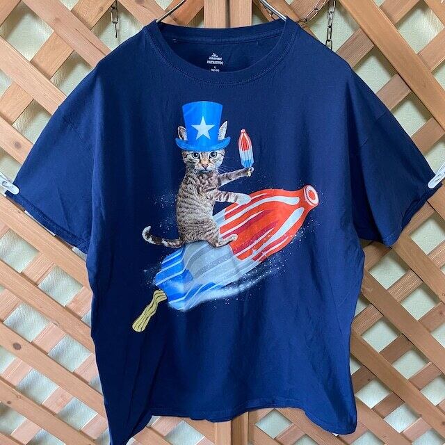 アニマル Tシャツ おしゃれ キャット 猫 パラソル ネイビー USA 古着