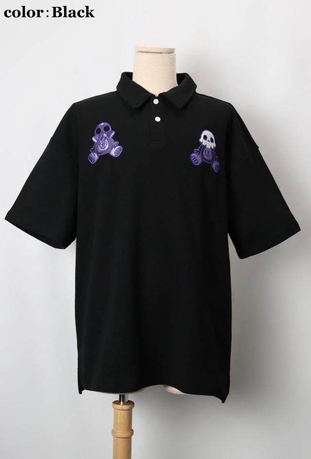 Gasmask and Skeleton Waffle Polo shirt （ガスマスク アンド スケルトン ワッフル ポロ シャツ）【Black】
