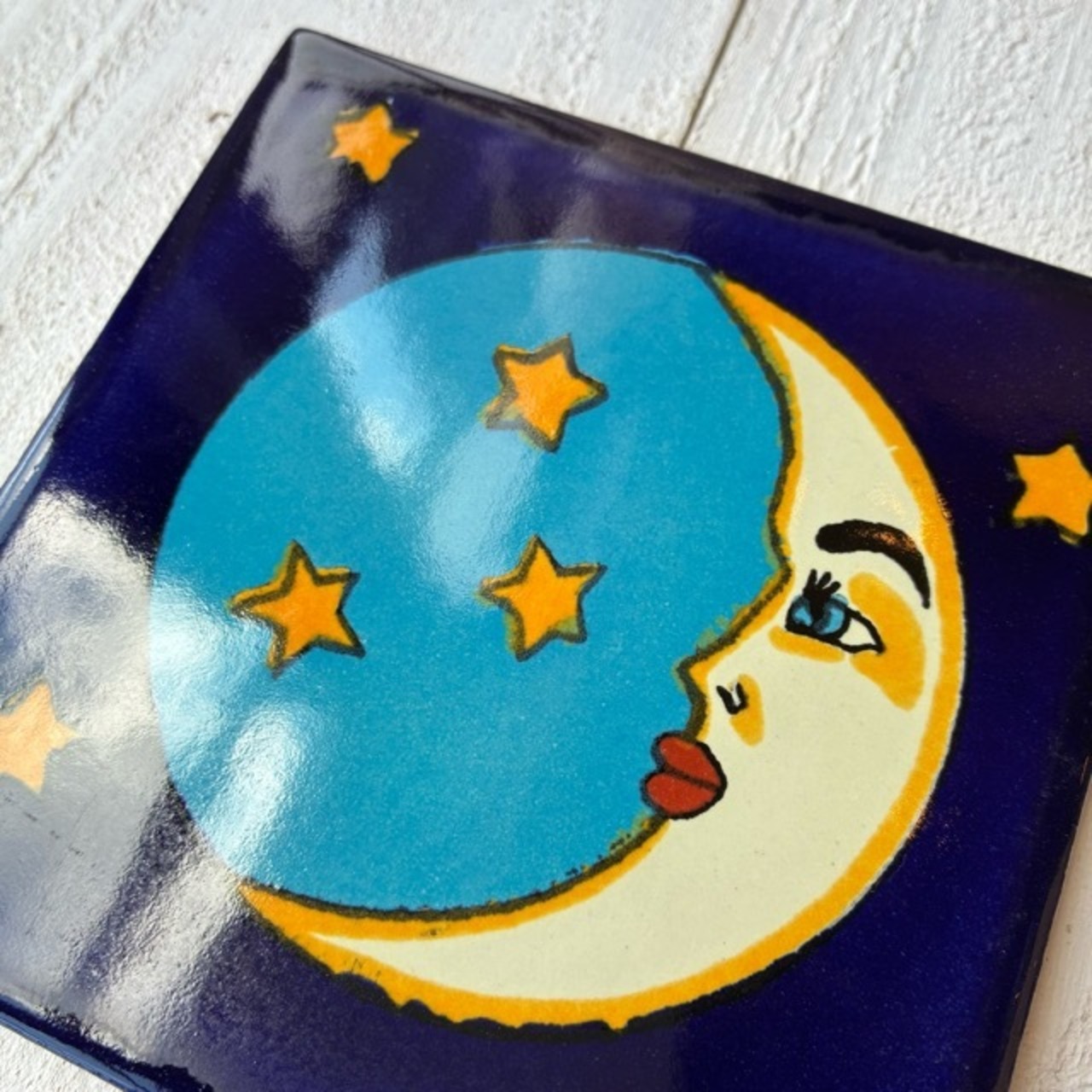 Mexico Talavera tile　メキシコタラベラタイル　L　ムーン　月　スター　星　ネイビー　ブルー　10cm　コースター　鍋敷き　DIY　モザイクタイル　柄タイル　室内壁　室外壁　デザインタイル　レトロ　アートタイル　ハンドメイド