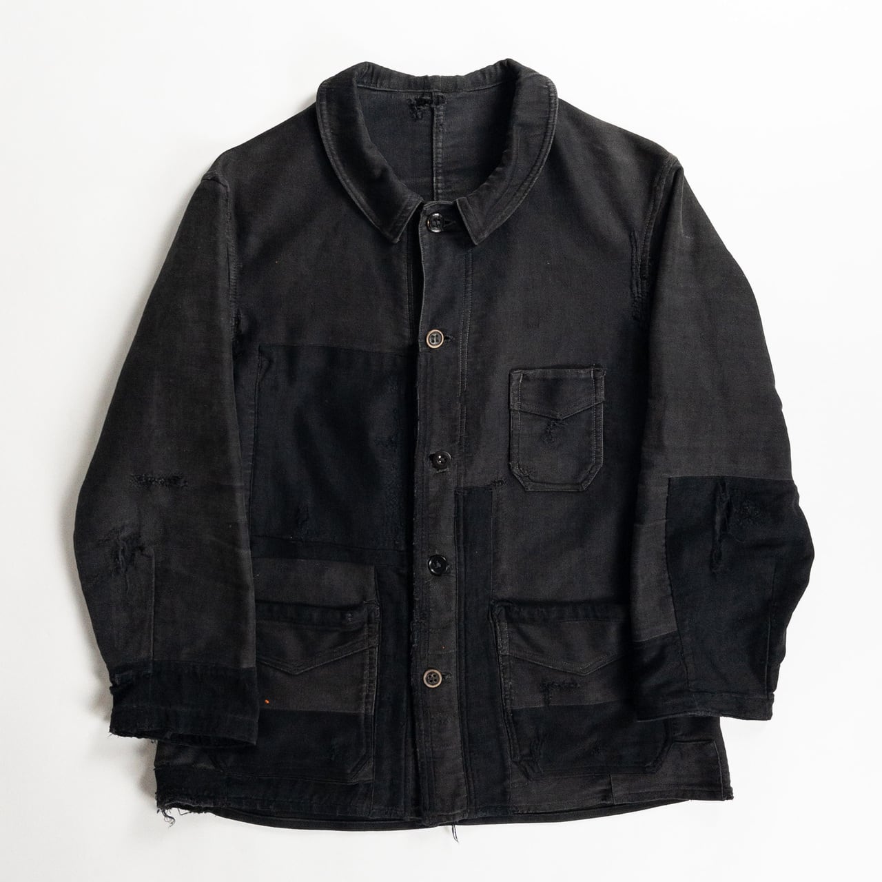 1930s "Le Mont Rouge" Faded Patchwork Black Moleskin Work Jacket with V Pockets