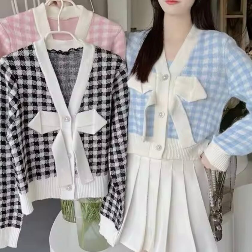 ブロックチェックリボンカーディガン
