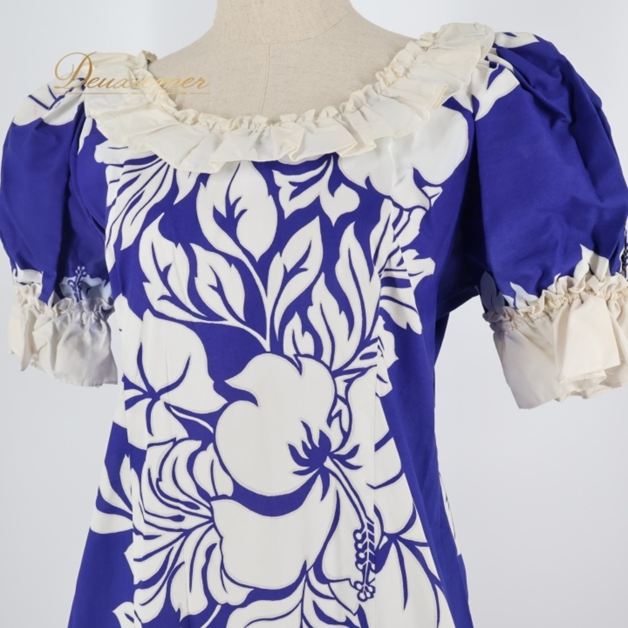 フラダンス 衣装 ワンピース ドレス ブルー系 パフスリーブ フリル ロングワンピース 花柄 葉っぱ柄 ホワイト系 可愛い 鮮やか 明るい 華やか ハワイアン アロハ ハワイアンプリント フラ ダンス レッスン 練習 フラガール ダンス服