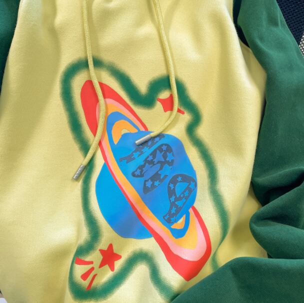 tops】大活躍配色フード付きパーカープリント切り替え裹起毛合わせ