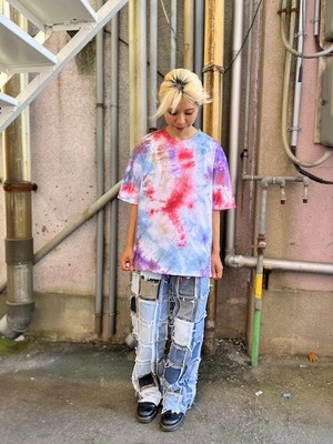 タイダイ染め Tie-dye ビッグシルエット Tシャツ　Mサイズ　ブルー×レッドミックス　HD20-23