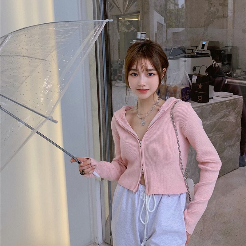 オータムウィンターフードレッドカーディガンシャツ ショートスリムセーター レディース ロング 秋物 冬物 ドラファッションホール54078306699