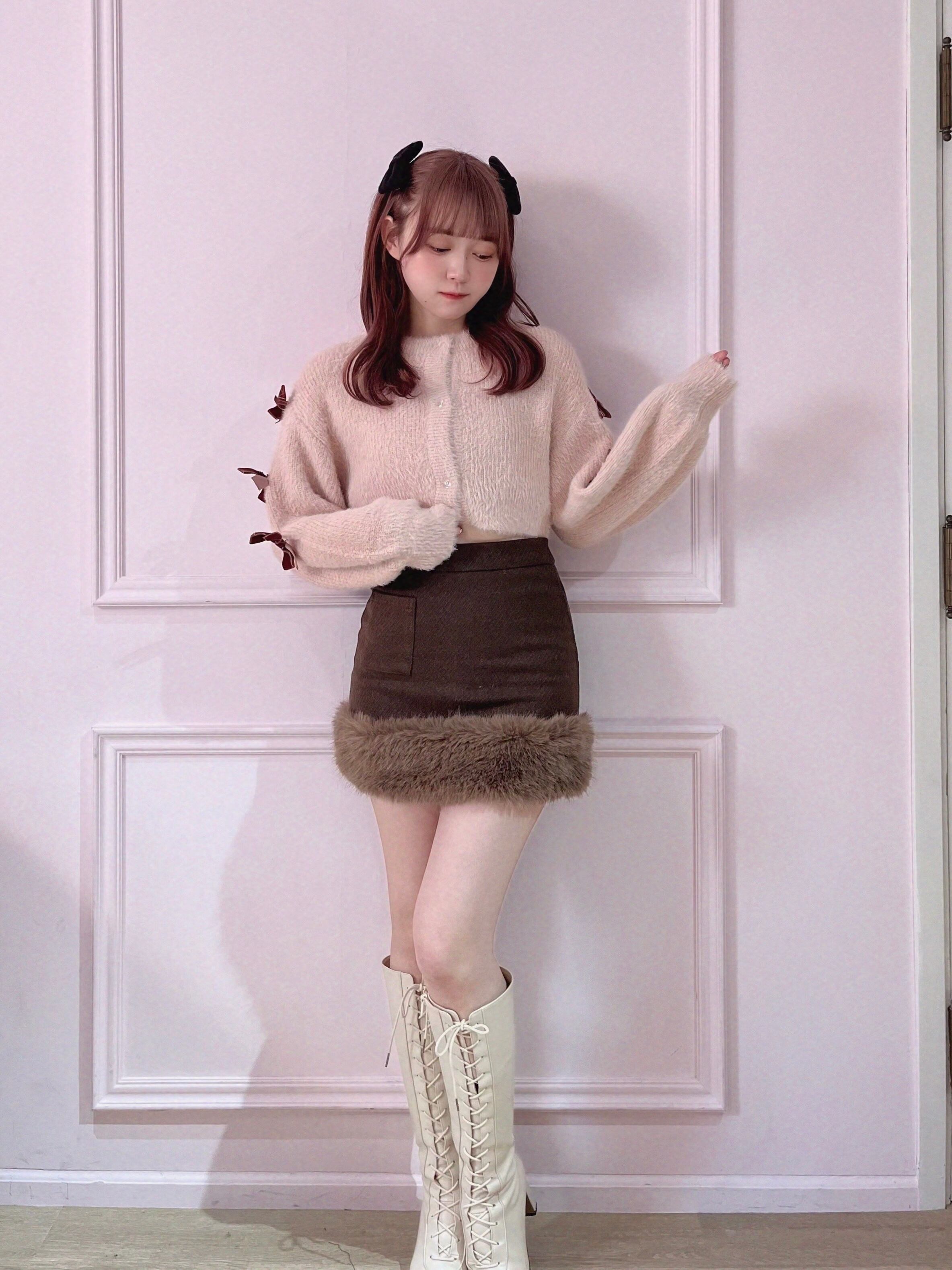 lady fur mini skirt-BROWN