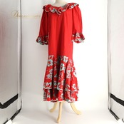 フラダンス 衣装 FANCY DRESS ファンシードレス ワンピース ドレス レッド系 ハイビスカス柄 花柄 植物柄 フリル ハワイアンプリント ハワイアン アロハ フラ ダンス レッスン 練習 ハワイアンダンス サテン 光沢感 赤 黄緑 グリーン系 華やか 鮮やか かわいい おしゃれ 上品