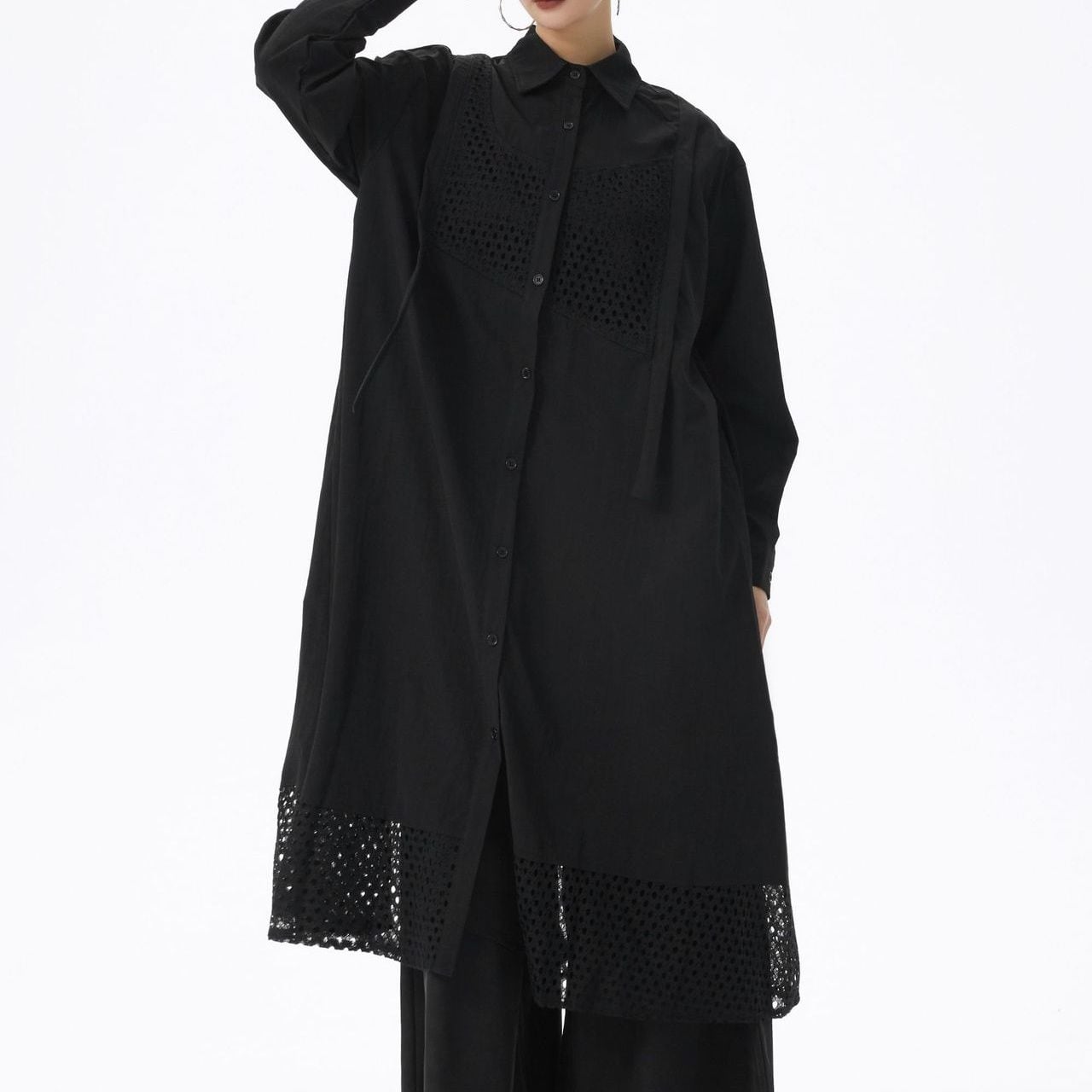 BLACK MESH STITCHED A-LINE MIDI SHIRT DRESS 1color M-15140