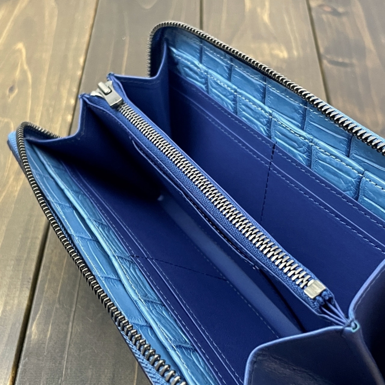 藍染 クロコダイル 長財布 淡藍