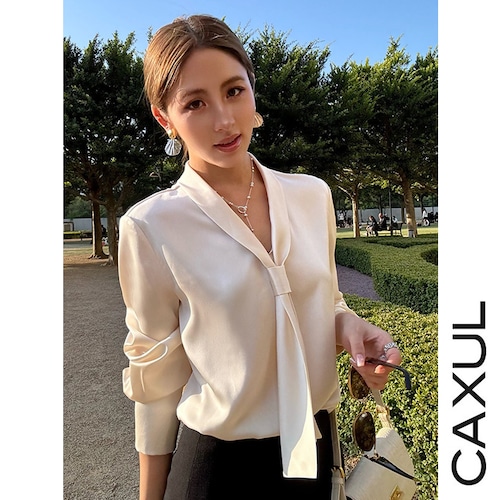 French Ribbon V-Neck Satin Blouse/2color