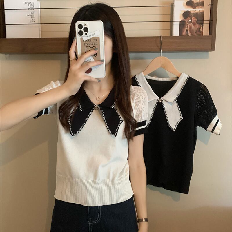 ホワイトカラーセーター サマー薄手ルーズクロップトップ トップス 夏物 1号婦人50811727644