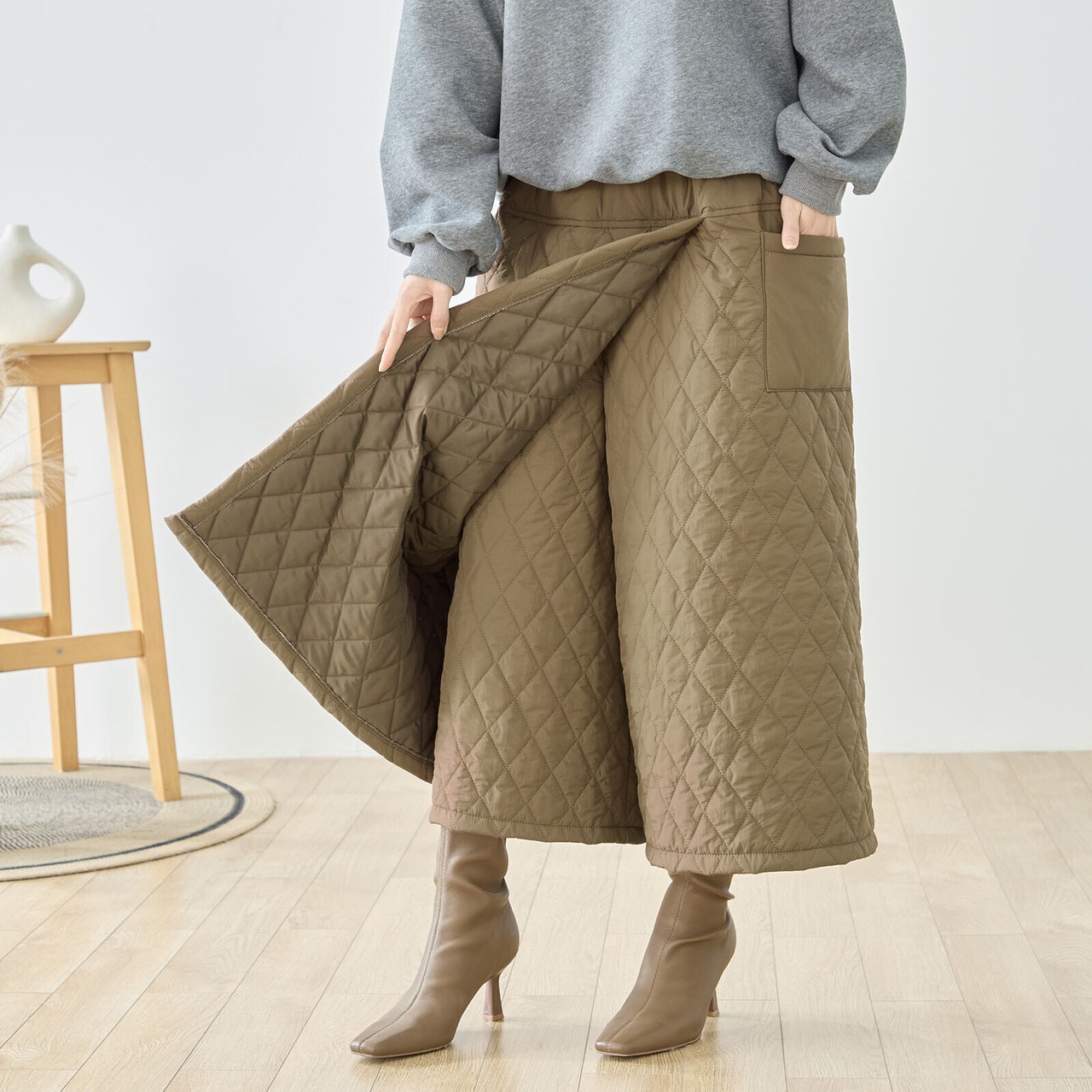 【SALE 40%OFF 4/9 10:00まで】TRUBE キルティング 巻スカート風 ワイドパンツ【M~L】ブラウン