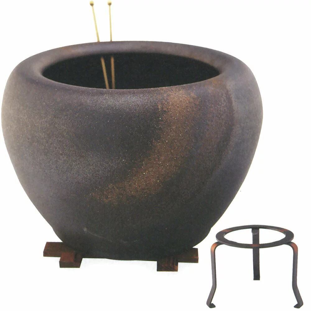 砂釉金彩火鉢 10号 4点セット（火箸・五徳・井ゲタ付き） （信楽焼き