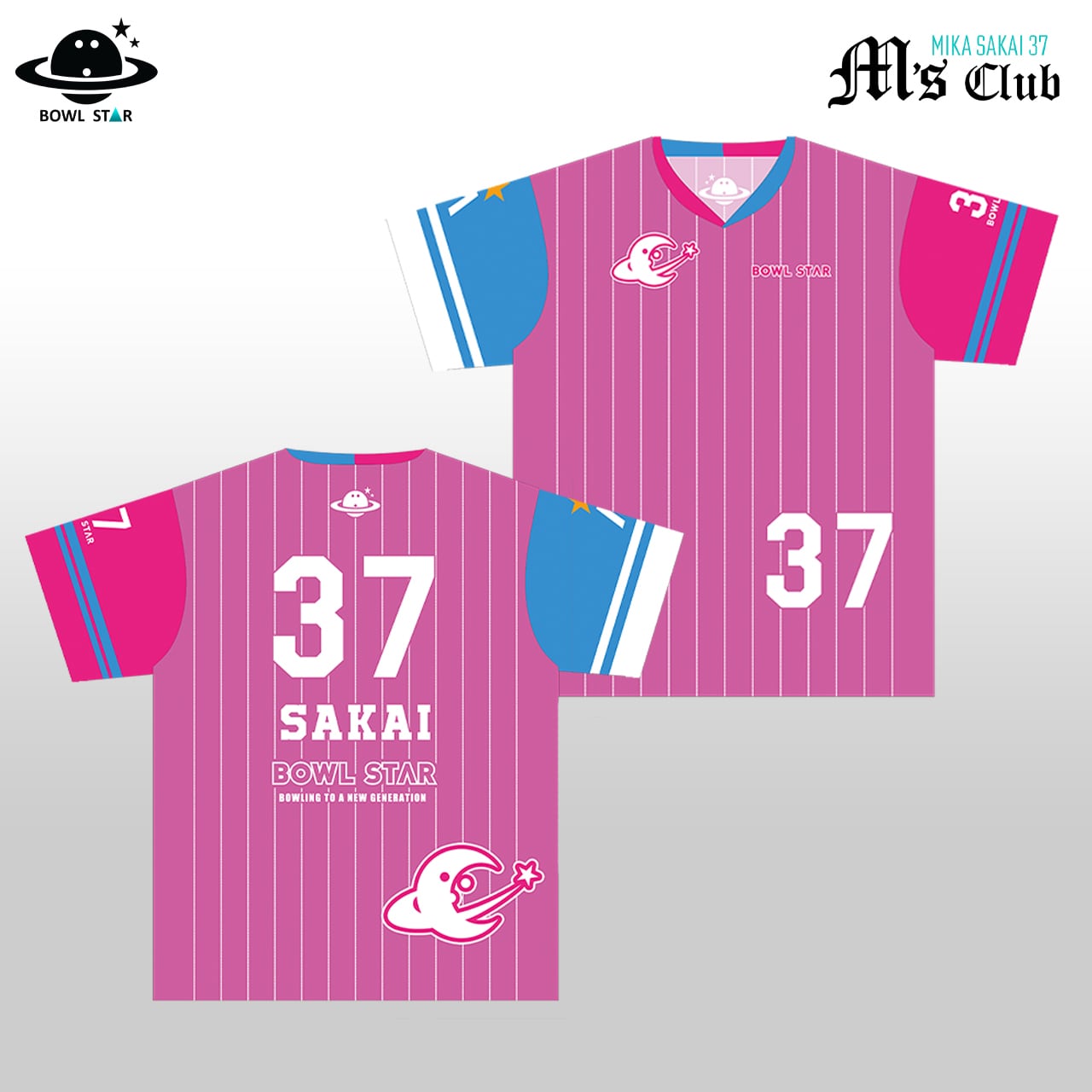 M's Club Bowling Vneck Wear04 ボウリングウェア・ピンクブルー【M-Vneck Wear04】ネーム入り・完全受注生産