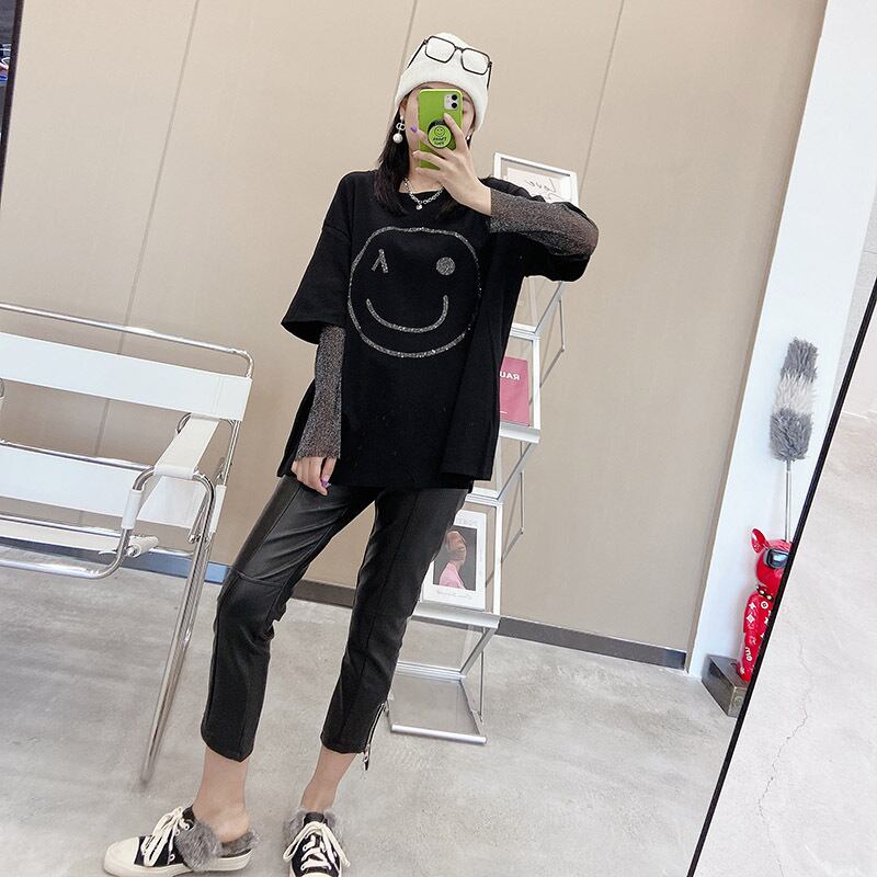 スタイルブラウス ロング 大きめサイズ Oネック ステッチ ミックスインファッション59961535812