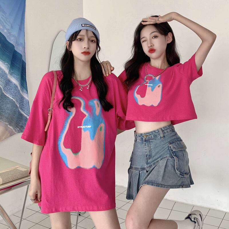 Tシャツ サマーレッドルーズラウンドネック ピンク 夏物 Oネック スーパーモール89611766148