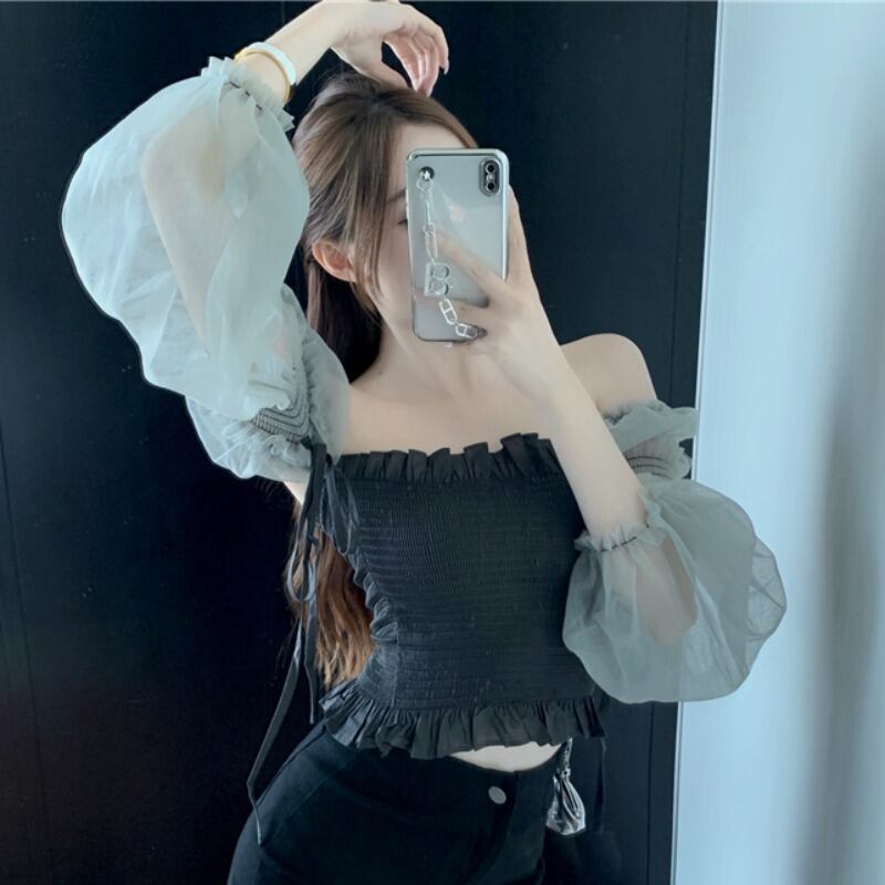 スリーブトップス メッシュシャツ レディース薄手ショート スクウェア ハンチェンe93199168864