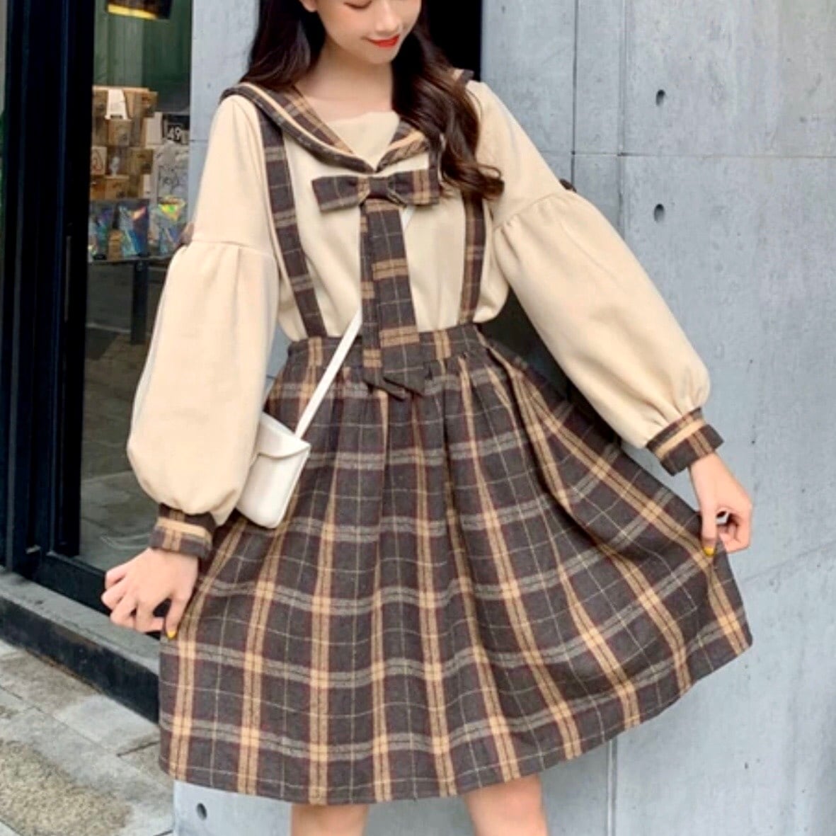 ２点 セット セーラー ブラウス チェック 柄 サロペット 大きいサイズ レディース 秋 冬 服 膝 丈 長袖 学生 制服 風 ワンピース Op 0518 Happy Orurea ハッピーオルレア
